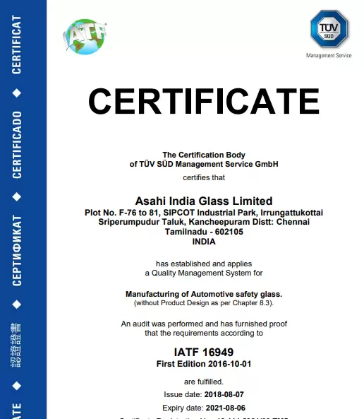 AIS Glass IATF Award Chennai