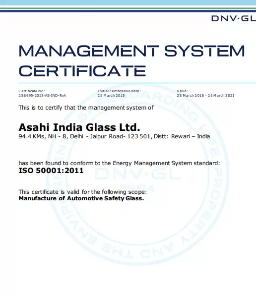AIS Glass ISO 50001 2011 Certificate